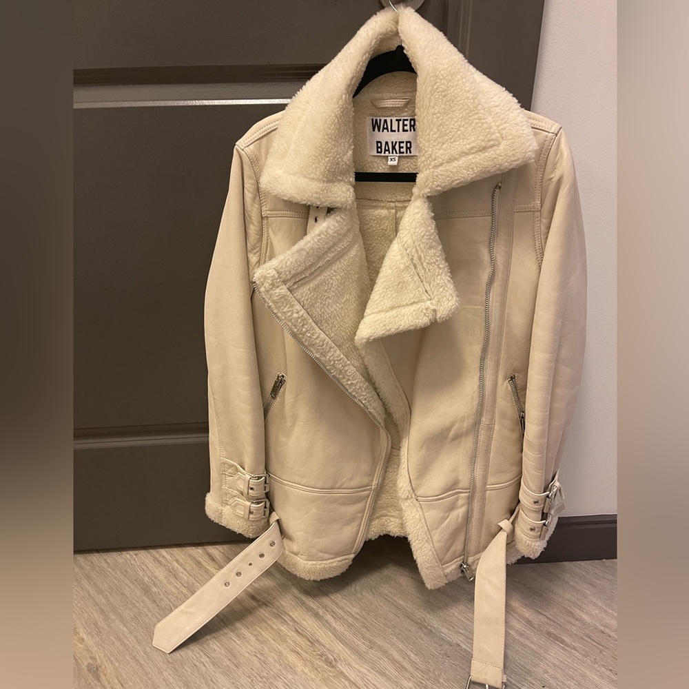 $950 WALTER BAKER ADELE GENUINE LAMB  LEATHER SHEARLING AVIATOR JACKET XS